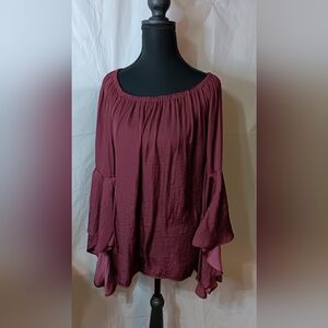 Fever Women's L Off-Shoulder Burgundy Bell Sleeve Flowy Boho Top